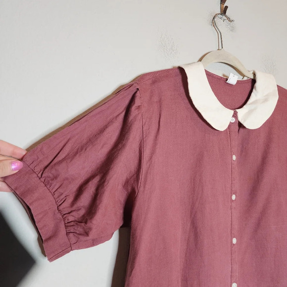 Eva Linen Peterpan Collar Puff Sleeve Button Front Mauve Mini Dress. Free Size - Picture 7 of 16
